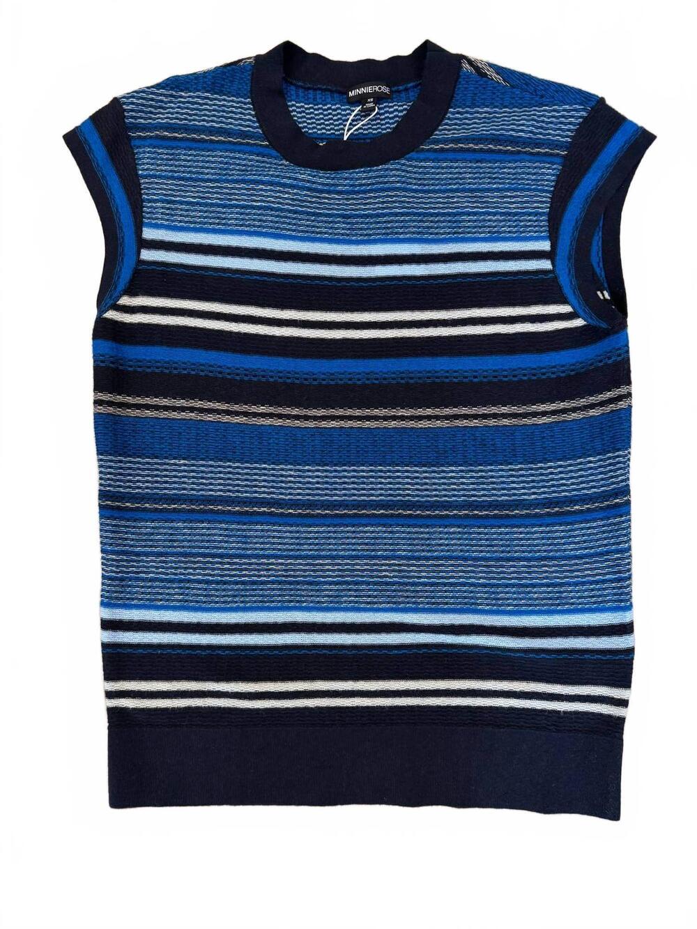 NEW MINNIE ROSE women's novelty stripe crew vest in blue/ black